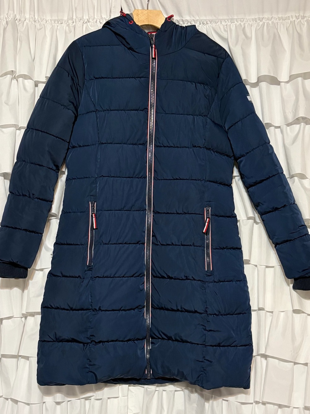 Tommy Hilfiger Navy Quilted Long Puffer Coat with Hood size Medium